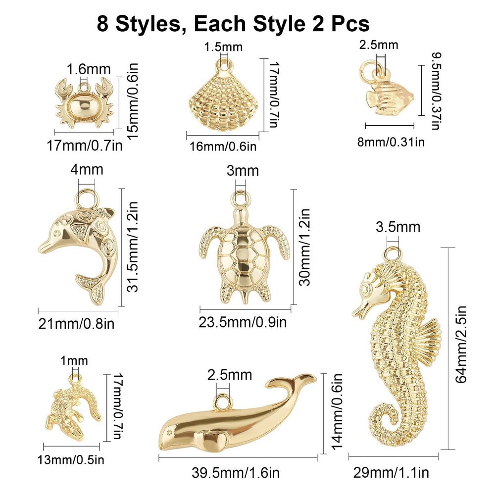 4939 1 Box 16Pcs 8 Styles Real 14K Gold Plated Charms Gold Sea Theme Animal - Picture 2 of 7